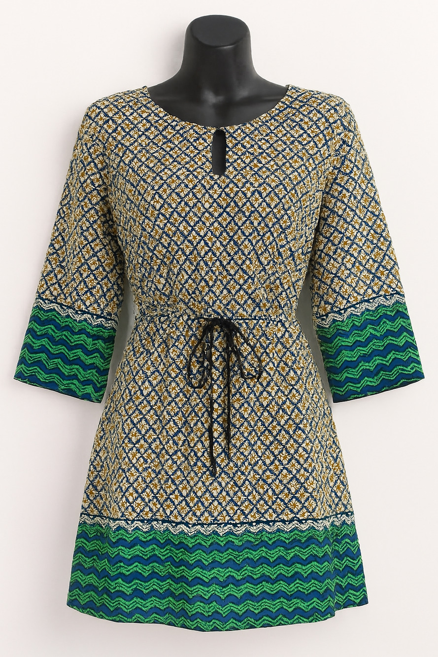 Ya Los Angeles Boho Navy, Green Geometric Print Mini Dress Medium Bell Sleeves